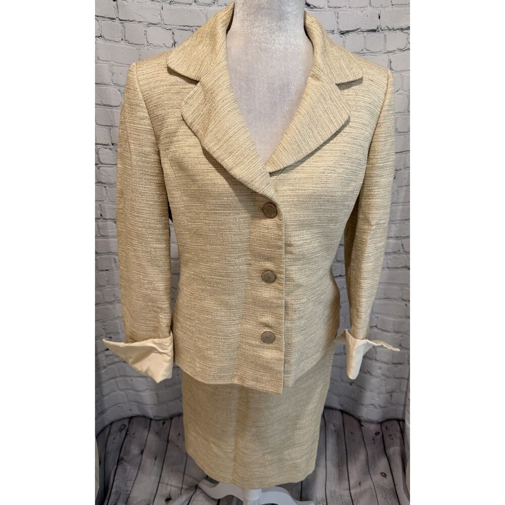 Linda Allard Ellen Tracy Blazer (12) & Skirt (14) Suit Set Cream Gold Metallic